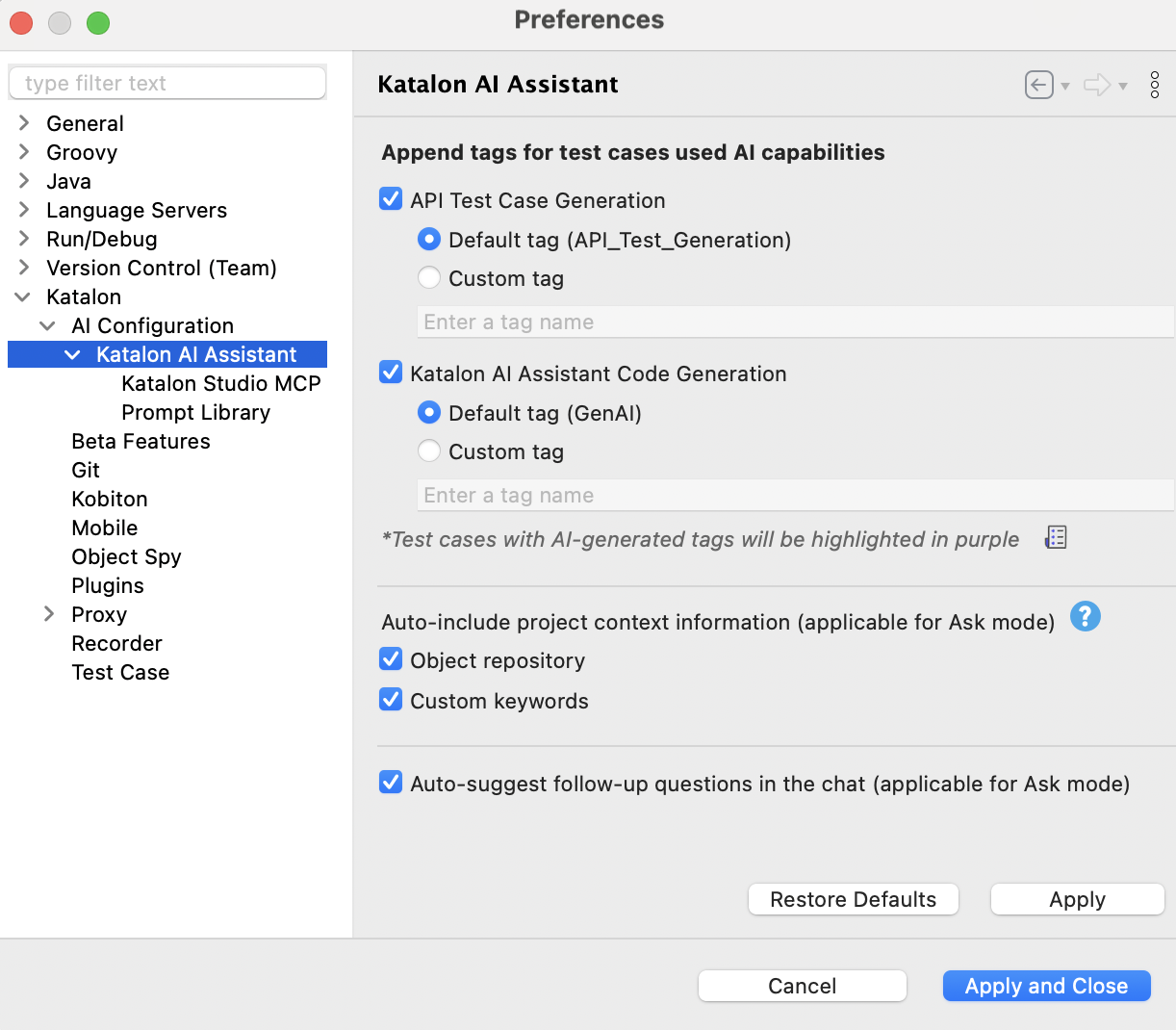Katalon AI Assistant settings
